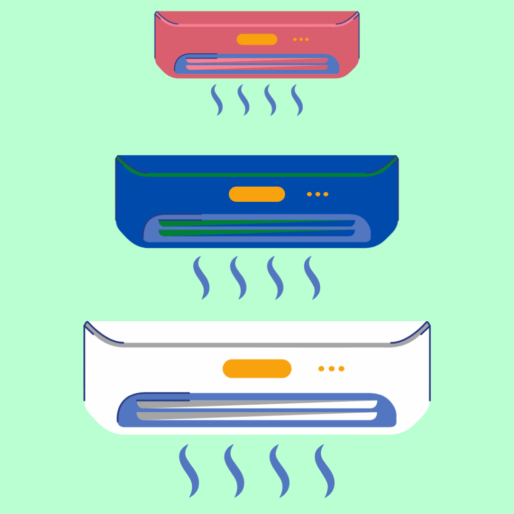 Three wall-mounted air conditioners in red, blue, and white, each releasing cool air represented by blue wavy lines on a light green background.