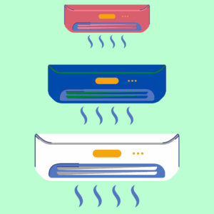 Three wall-mounted air conditioners in red, blue, and white, each releasing cool air represented by blue wavy lines on a light green background.