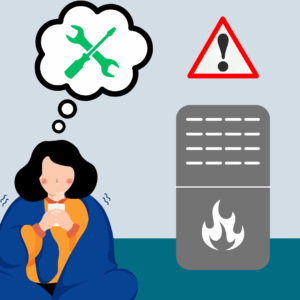 A very chilly homeowner next to a malfunctioning gas furnace with a thought bubble of tools to fix the furnace. Gas furnace not working, Natural gas furnace not working, Gas furnace not lighting, Furnace not lighting, Gas furnace won’t light, Furnace won’t light