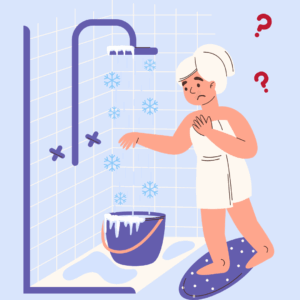 a dissatisfied homeowner confused at their shower, covered in snowflakes and icicles. Hot water heater not working, Electric hot water heater not working, Gas hot water heater not working
