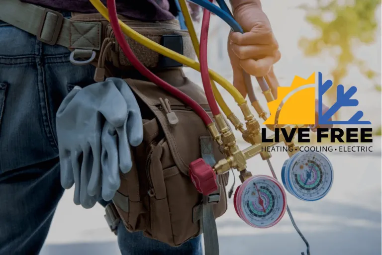 Person wearing a tool belt with gloves and HVAC manifold gauges, with the "Live Free Heating Cooling Electric" logo in the corner—showing that rewarding careers and jobs are available in our growing team.