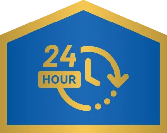 A blue and gold badge features a clock and the text "24 hour," indicating 24-hour service or availability.