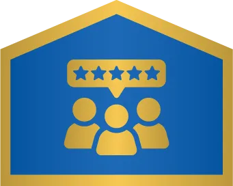 Gold icon of three people with a five-star rating symbol above them, set against a blue background shaped like a house.