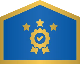 A blue and gold badge icon featuring a checkmark ribbon and three stars inside a hexagonal border.