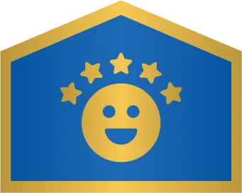 A gold smiling face with five gold stars above it on a blue and gold geometric background.