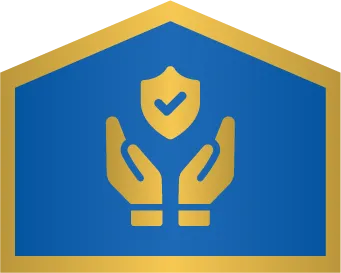A blue and gold shield-shaped icon featuring two hands holding a shield with a checkmark in the center.
