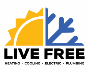Logo with a yellow sun on the left and a blue snowflake on the right above the words “LIVE FREE” and “HEATING • COOLING • ELECTRIC • PLUMBING.”.