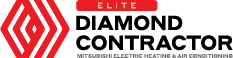 Logo with a red geometric diamond shape, the word "ELITE" above, and the text "Diamond Contractor Mitsubishi Electric Heating & Air Conditioning.