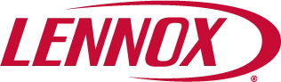 Lennox logo in red uppercase letters with a curved line extending from the letter "X" over the text on a transparent background.
