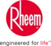 Rheem logo with the words "engineered for life" below a large red circle containing the white text "Rheem.