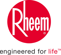 Rheem logo with the words "engineered for life" below a large red circle containing the white text "Rheem.